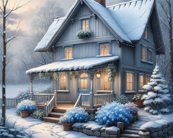 Charming Blue House in Snowy Winter Wonderland Scene