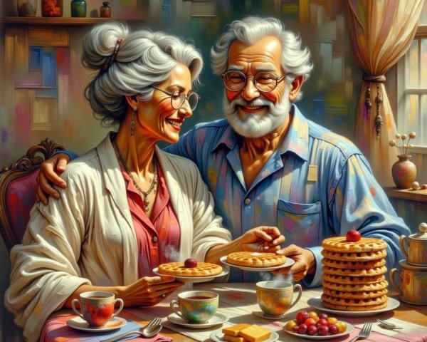 Elderly Couple Enjoys Breakfast in Cozy Kitchen Setting