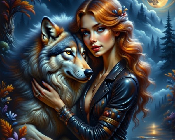 Twilight Scene of Woman with Wolf in Nature