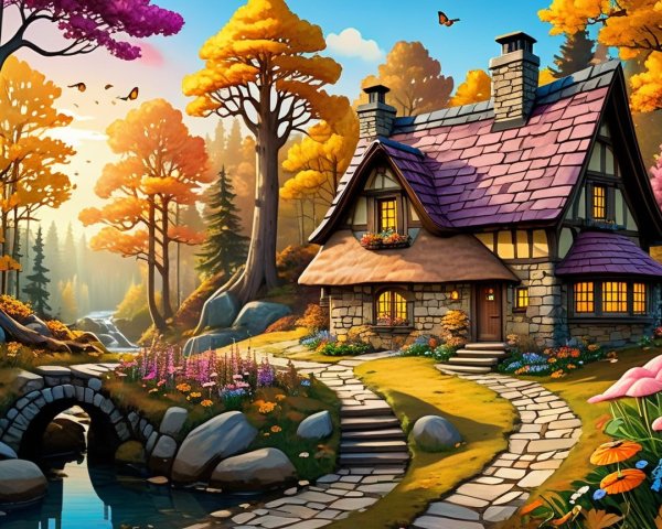 Charming Cottage in Vibrant Autumn Landscape