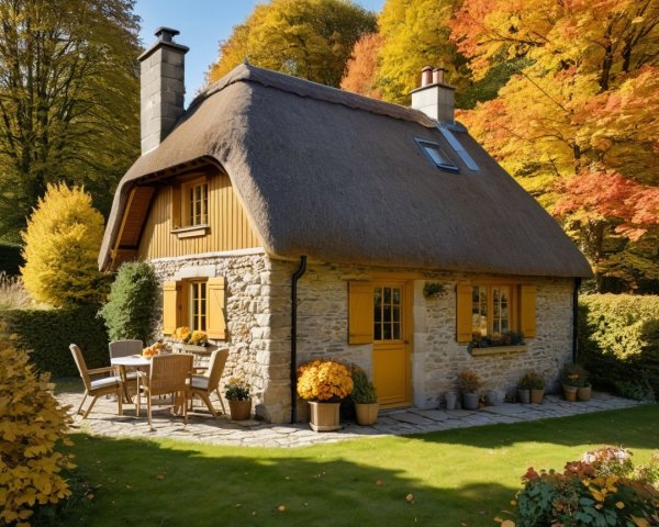 Thatched-Roof Cottage in Autumn Landscape