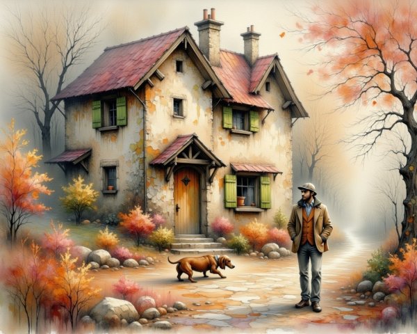 Cozy Cottage in Serene Autumn Landscape with Dog