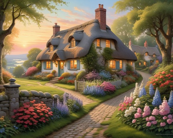 Thatched Cottage Surrounded by Colorful Garden