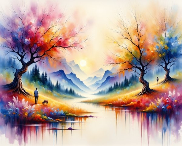 Autumn Landscape with Trees, River, and Mountains
