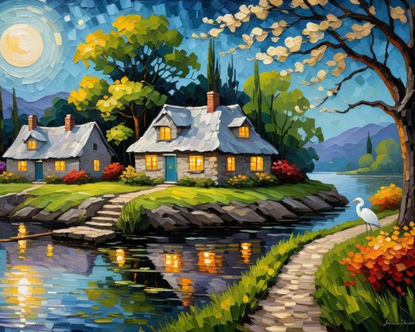 Charming Island Houses Amidst Flowers and Moonlight
