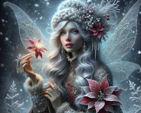 Fairy in Snowy Landscape with Glowing Flower and Wings