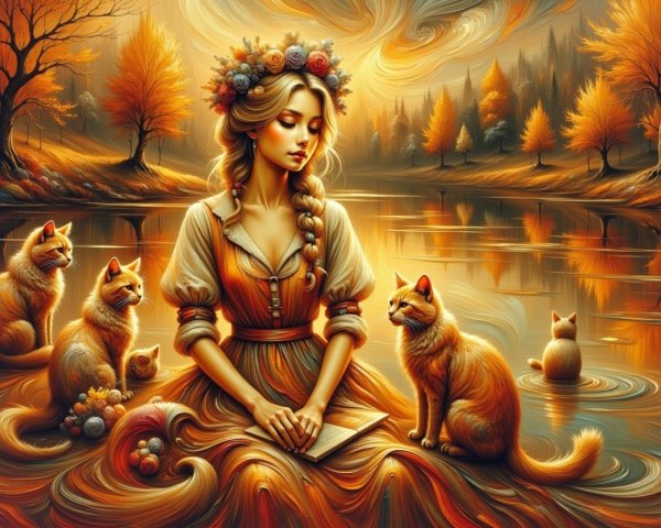 Young Woman with Cats by a Tranquil Lake in Autumn