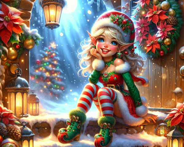 Cheerful Elf on Snowy Doorstep with Christmas Tree