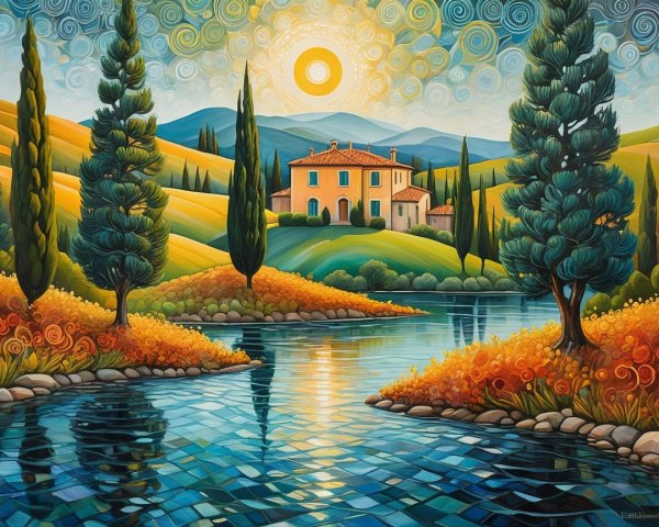 Vibrant Landscape with Serene House and Rolling Hills