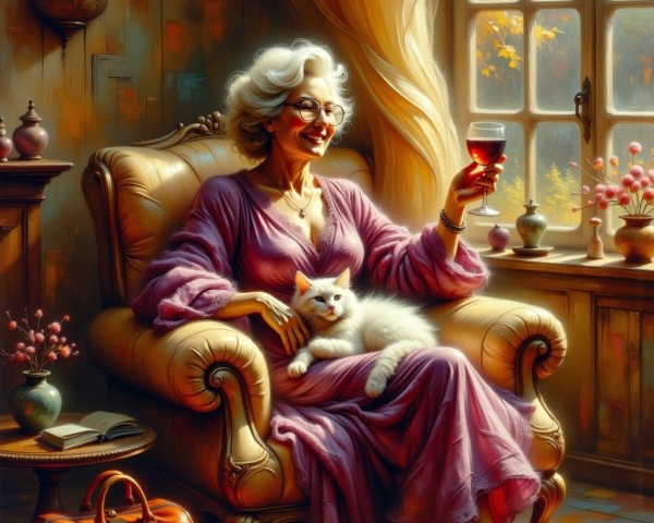 Elegant Woman in Armchair with Cat and Wine