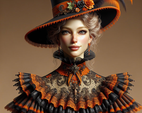 Lavish Female Figure in Black and Orange Outfit