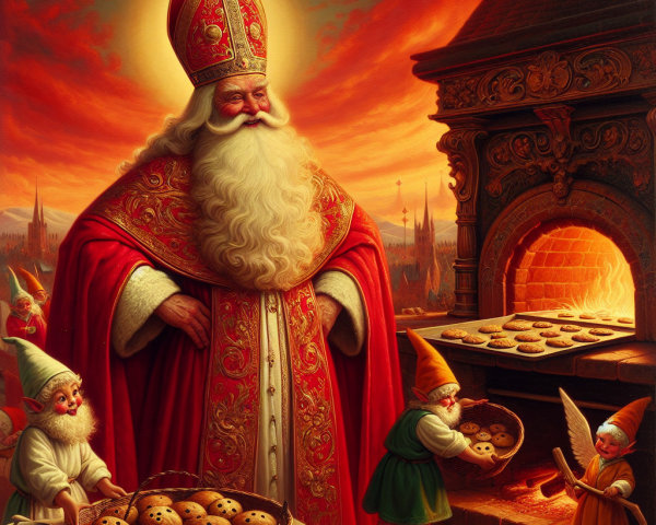 Jovial figure in red robes with gnomes baking cookies