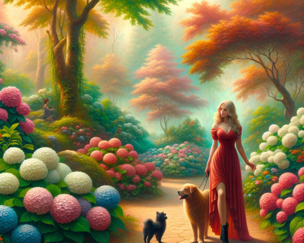 Serene garden with vibrant hydrangeas and dogs