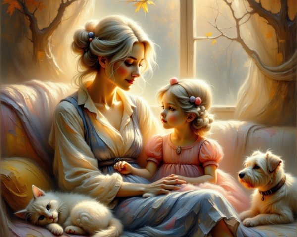Mother and Daughter in Cozy Sofa Scene with Pets