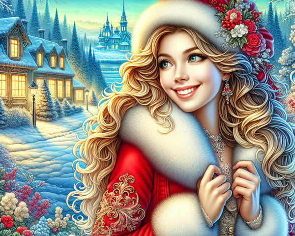 Cheerful Woman in Festive Winter Scene with Snowy Backdrop