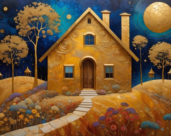 Golden House on a Textured Hill with Surrounding Flora