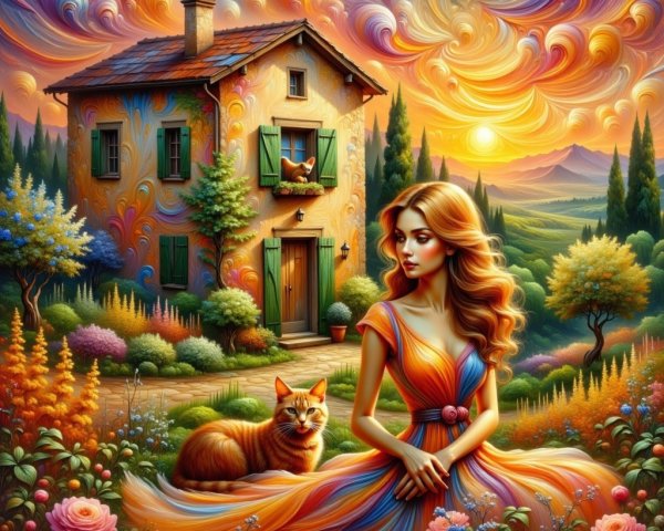 Surreal Cottage Scene with Colorful Gardens and Sky