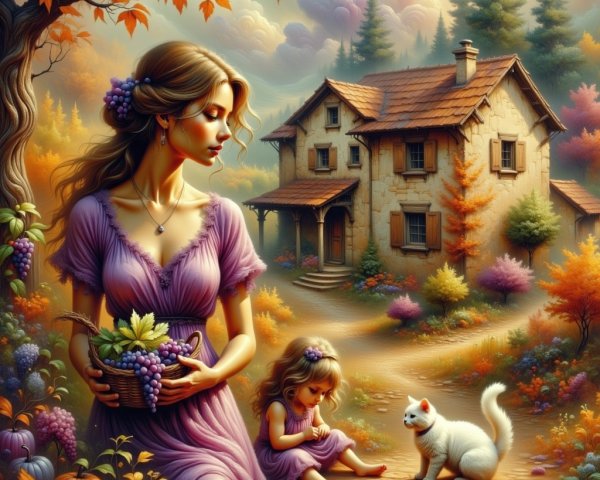 Autumn Landscape with Stone House and Fall Foliage