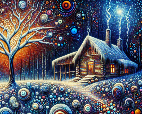 Cozy Log Cabin in a Colorful Winter Landscape