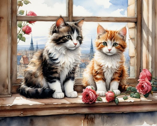 Cats on Windowsill with Rooftop View and Roses