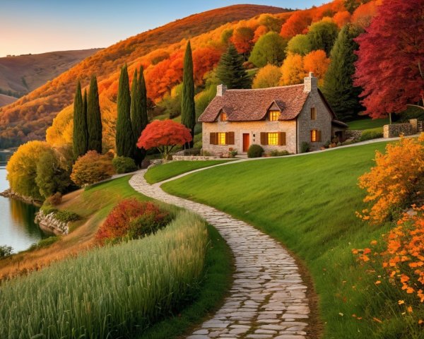 Stone cottage by a serene lake in autumn colors