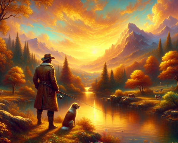 Sunset Landscape with Fisherman and Golden Retriever