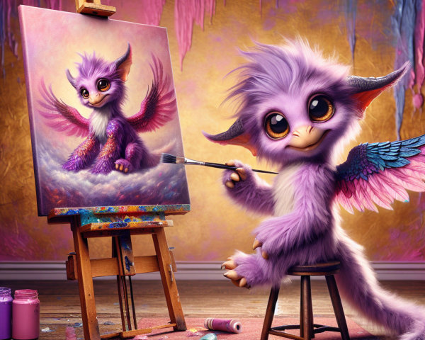 Purple-Winged Creature Painting in Colorful Studio