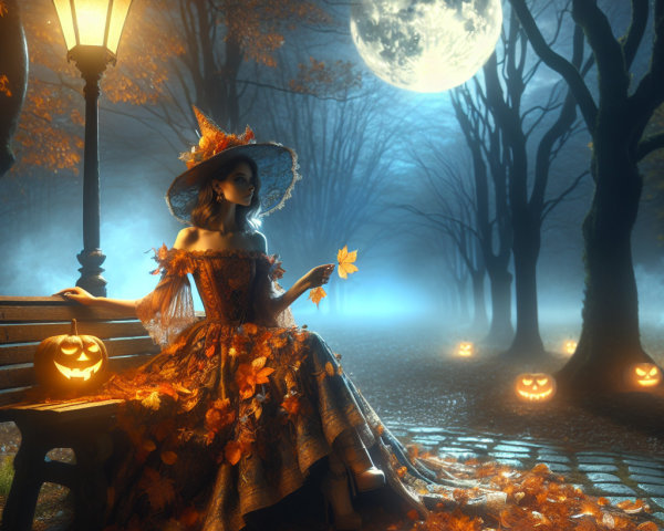 Mystical Autumn Scene with Woman and Carved Pumpkins
