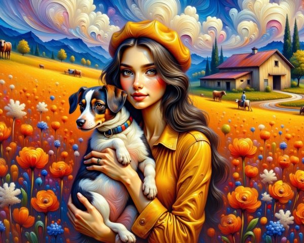 Vibrant Landscape with Woman, Dog, and Blooming Flowers
