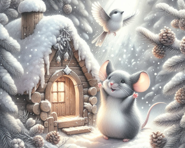 Cheerful Mouse in Winter Landscape by Woodland Cottage