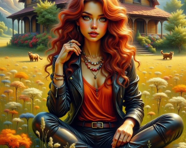 Young woman in vibrant field with wildflowers and dogs