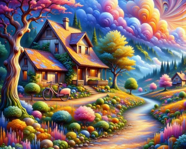 Whimsical Cottage Surrounded by Lush Gardens and Trees