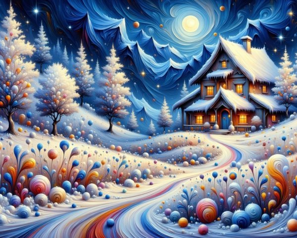 Cozy Snow-Covered Cottage in Vibrant Winter Landscape