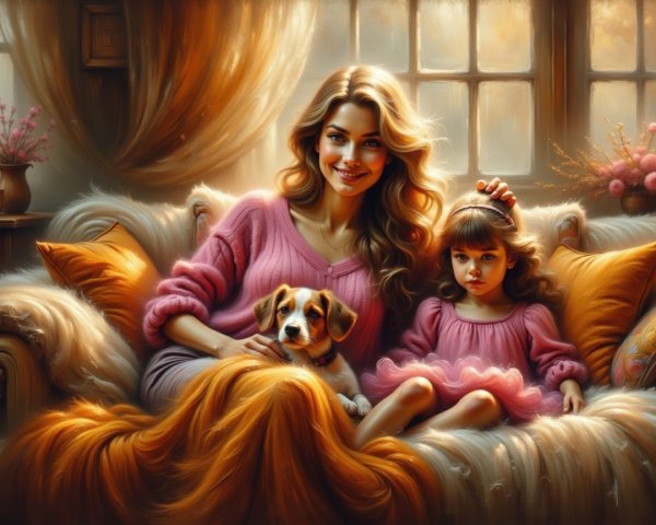 Cozy Scene of Woman and Girl on Golden Couch