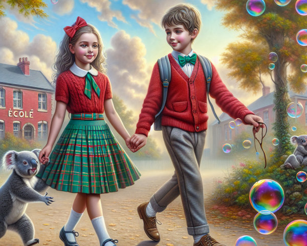 Children Walking Hand in Hand on a Tree-Lined Path