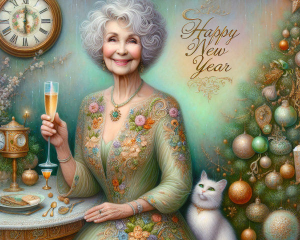 Elderly Woman Celebrating New Year with Decorations