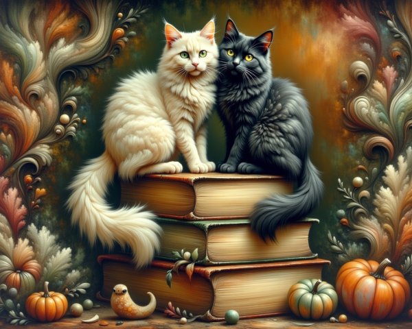 Fluffy White and Black Cats on Antique Books with Leaves