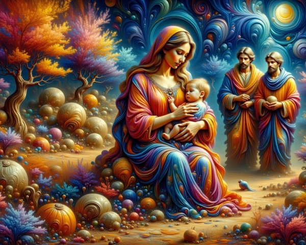 Vibrant Madonna Figure with Baby in Fantastical Scene