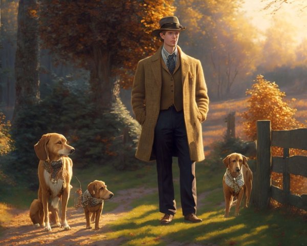 Dapper man with dogs in autumn forest scene