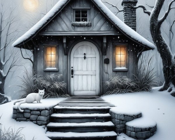 Monochrome Digital Painting of a Winter Cottage