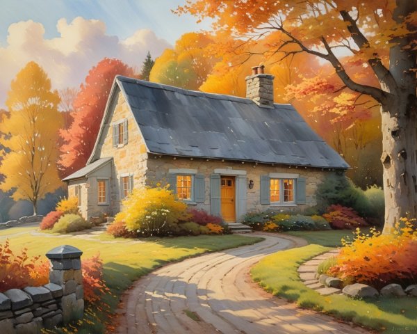 Watercolor of a stone cottage in autumn foliage