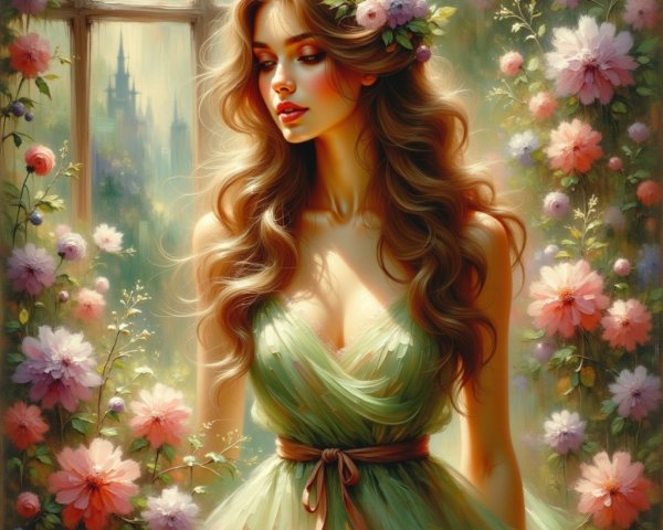 Young Woman in Floral Garden with Dreamy Landscape
