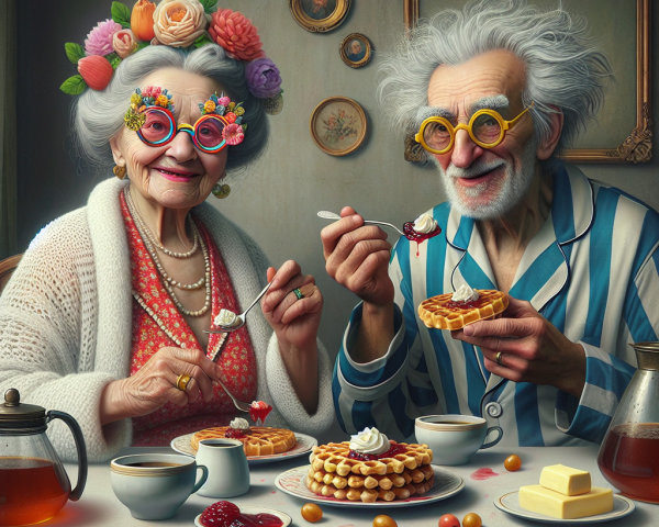 Elderly Couple Enjoys Waffles in Cozy Vintage Setting