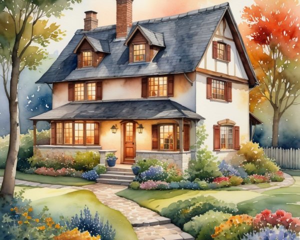 Two-Story House with Gardens and Autumn Foliage