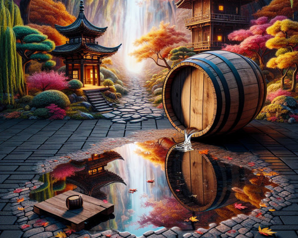 Serene Landscape with Waterfall and Autumn Foliage