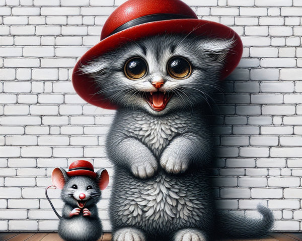 Playful Gray Kitten and Tiny Mouse in Red Hats