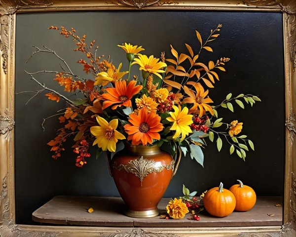 Vibrant Autumn Bouquet in Antique Vase with Pumpkins