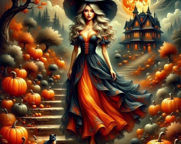 Witch in Gown Surrounded by Pumpkins and Mansion