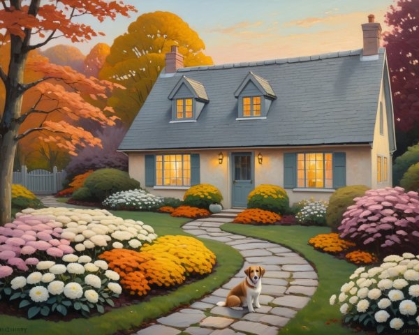 Cottage Surrounded by Autumn Foliage and Flowers