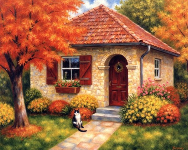 Stone Cottage Surrounded by Autumn Foliage and Flowers